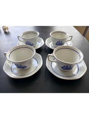 Vintage Wedgwood American Clipper Georgetown Blue Ship 4 Cups & Saucers England